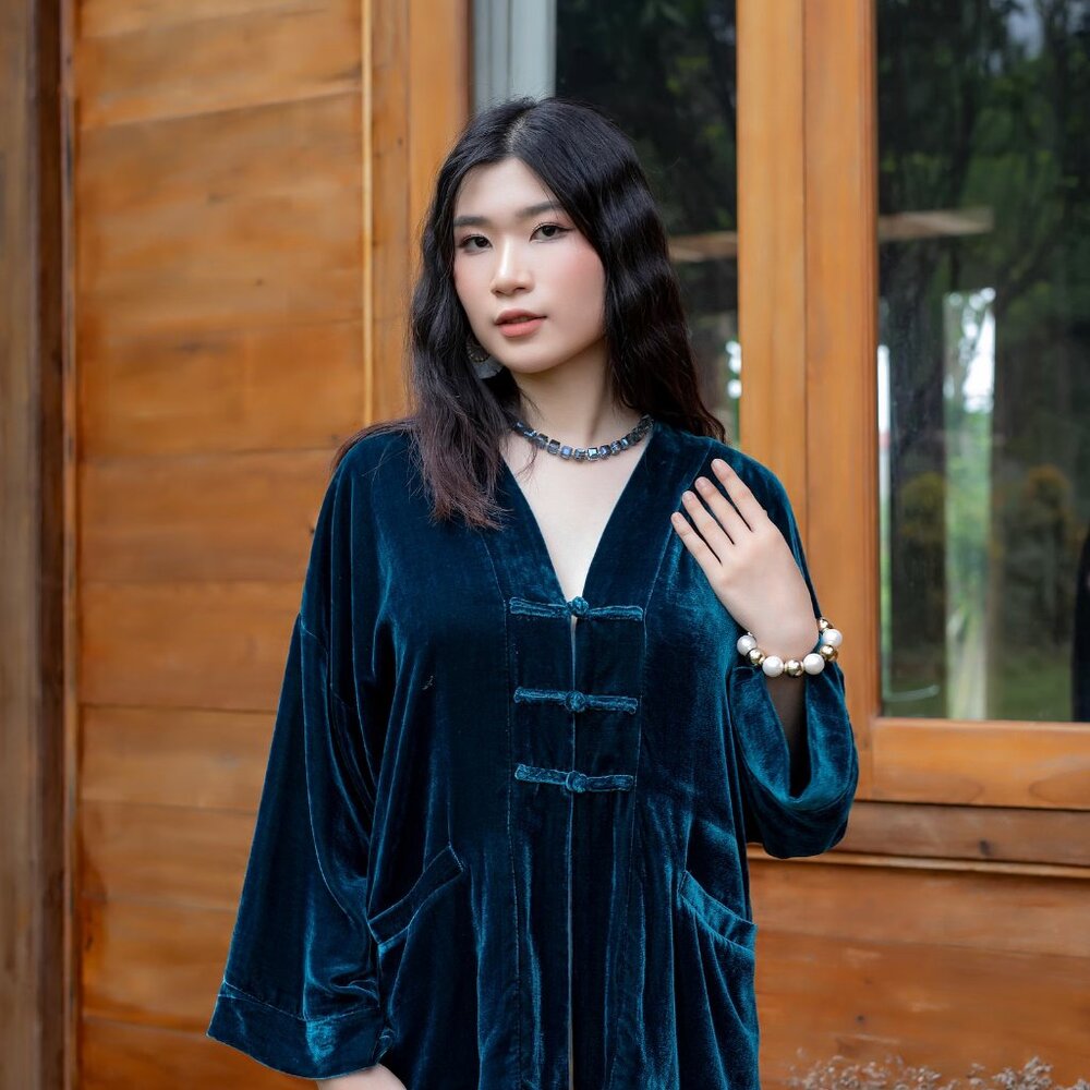 Blue Silk Velvet Jacket M NwoT - Picture 3 of 4